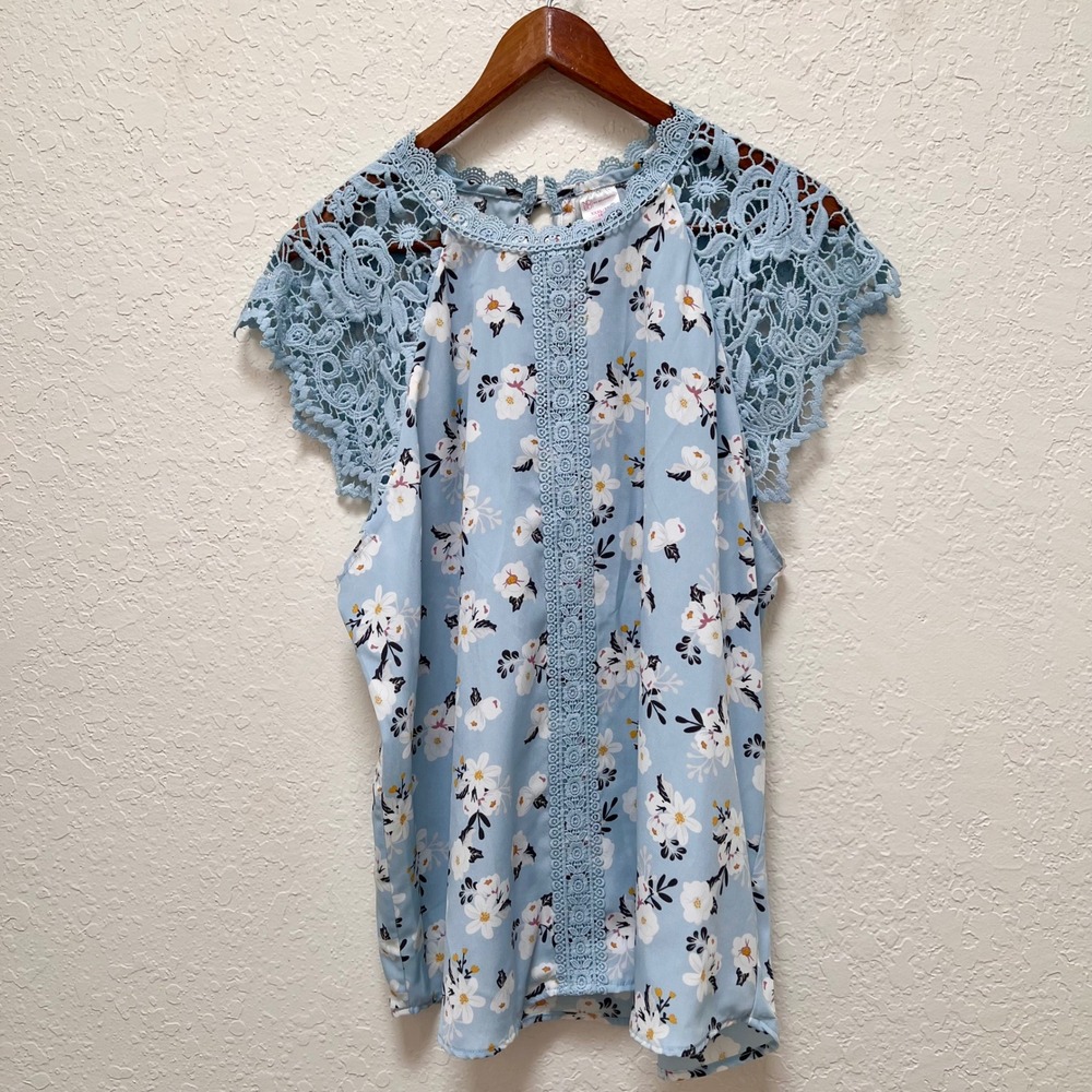 Lace-Trim Floral Blouse - Light Blue NWT